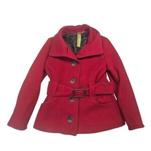 Soia & Kyo Women's Red Wool Blend Belted Ribbed Pea Coat Large Winter Minimalist